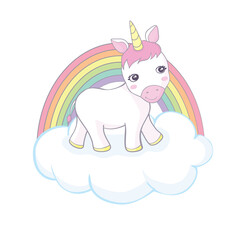 Cute magical unicorn and rainbow. Vector design isolated on white background. Print for t-shirt or sticker. Romantic hand drawing illustration for children.