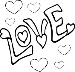 vector hand drawn line art print with sign Love. Lettering.