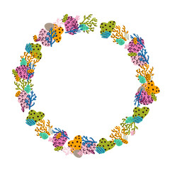 Abstract frame made of flowers, corals and branches. Marine plants. Vector wreath.