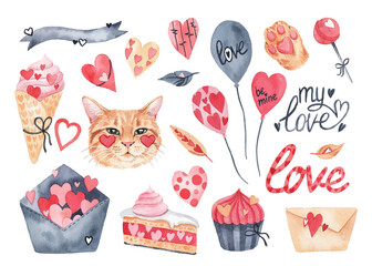 Watercolor set with elements for Valentine's Day. Hearts, sweets, balls, gifts, cupcake, ice cream, cake, cat, cute cat and other cute items. - 409423534