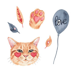 Watercolor set with elements for Valentine's Day. Hearts, sweets, balls, gifts, cupcake, ice cream, cake, cat, cute cat and other cute items. - 409423562