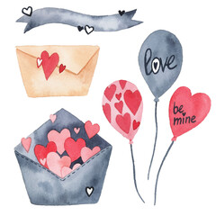 Watercolor set with elements for Valentine's Day. Hearts, sweets, balls, gifts, cupcake, ice cream, cake, cat, cute cat and other cute items. - 409423566
