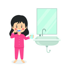 Happy Cute Kid Girl Brush Clean Teeth