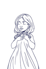 Cute cartoon girl with closed eyes smiles. Hand drawing illustration in outline on a white background. Coloring page