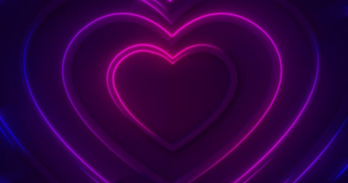 3d dynamic pink purple neon glowing hearts shaped lines on black background. Modern Happy Valentine's Day digital animated card. Abstract colorful futuristic corridor. Love endless tunnel. Laser show - Powered by Adobe