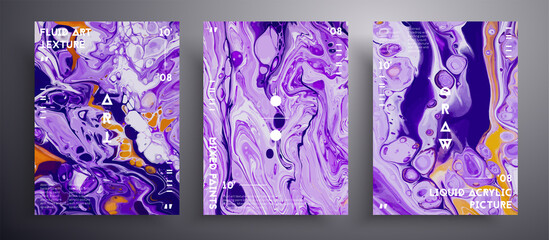 Abstract acrylic poster, fluid art vector texture set. Beautiful background that applicable for design cover, invitation, flyer and etc. Purple, navy blue and orange unusual creative surface template