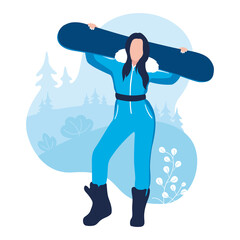 Girl with a snowboard in his hands. Women's snowboard. Flat design. Vector illustration on a white background.