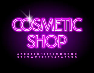 Vector neon sign Cosmetic Shop. Bright electric Font. Glowing light Alphabet Letters and Numbers set