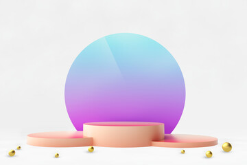 Round colorful pedestal or podium. Creative minimal concept design. Abstract modern art illustration for presentation template. 3d render.