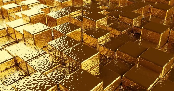 gold metallic background from cubes. moving wall of a metal golden cube, 3d render