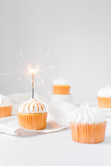 Cupcake with white frosting and a sparkler, birthday cupcake with a sparkler