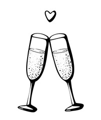 Vector doodle hand drawn sketch black illustration of two champagne glasses couple love drink cheers on white background