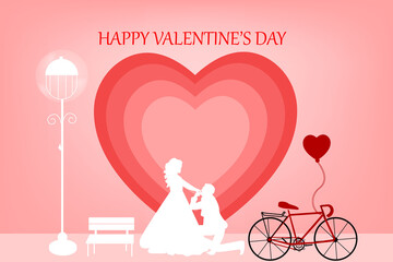 valentines day background with heart shapes street lights, table with chairs and typography of happy valentines day text . Vector illustration. Wallpaper, flyers, invitation, posters, brochure, 
