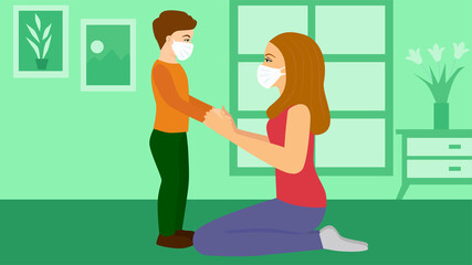 Mother wearing medical mask protection for her teenage son at home. Stop the infection. Coronavirus quarantine. Stay at home. Health care concept