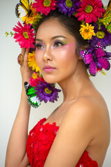 Beautiful Asian woman in red dress