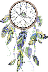 Dreamcatcher. Colorful feathers. Decor. Illustrations