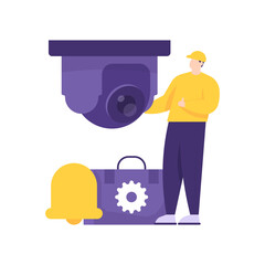 a concept of installing cctv or surveillance cameras. illustration of a male worker, bells, security camera, tool box. flat style. vector design elements