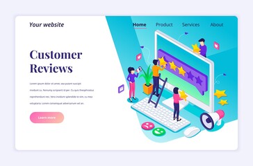 Isometric landing page design concept of Customer reviews concept, People giving five stars rating and review, positive feedback. Customer Service and User Experience. vector illustration