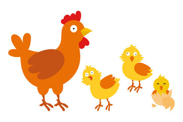 Mother hen with chicks. Hen and chickens. Vector illustration isolated on white background