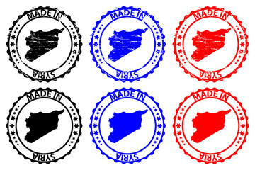 Made in Syria - rubber stamp - vector, Syria map pattern - black, blue and red