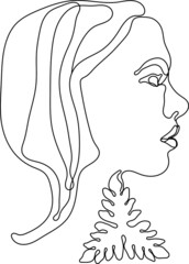 Vector girl's face in line art style with a triangular leaf instead of a neck. The concept of femininity and human unity with nature.