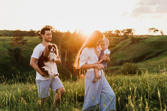 Young beautiful family with a little daughter and a dog hug, kiss and walk in nature at sunset.