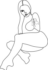 Vector woman in line art style lies stretching her leg forward. The concept of femininity and natural body shapes.