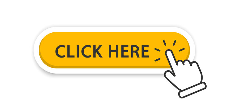 Click here button with hand pointer clicking. Click here vector web button. Web button with action of hand pointer. Click here, UI button concept. Vector illustration