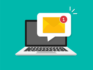 Laptop with envelope on screen. New email on the laptop screen. Email notification concept. Message reminder. Receive notification, alert message, warning, get e-mail, spam concepts. Vector.