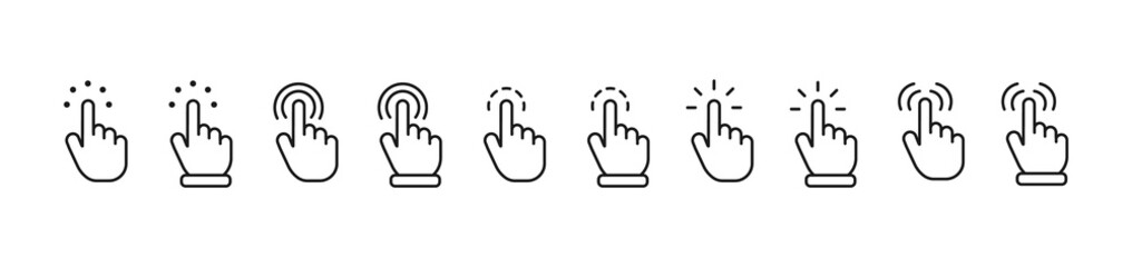 Click finger icon set. Cursor click collection. Computer mouse click cursor gray icons set. Black mouse pointer for technology interface. Mouse click cursor collection. Vector illustration