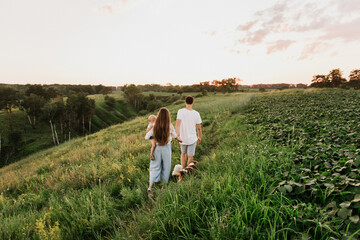 Young beautiful family with a little daughter and a dog hug, kiss and walk in nature at sunset.