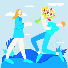 Guy gives a bouquet to girl. Flat design element love concept design element stock vector illustration for web, for print