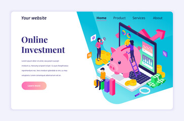 Isometric landing page design concept of Business Investment. People putting coin money into a piggy bank, profit income with financial graph and chart. vector illustration