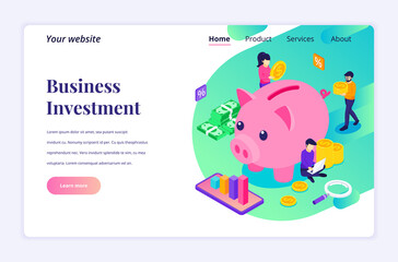 Isometric landing page design concept of Investment, People putting coin money into a piggy bank, money saving. vector illustration