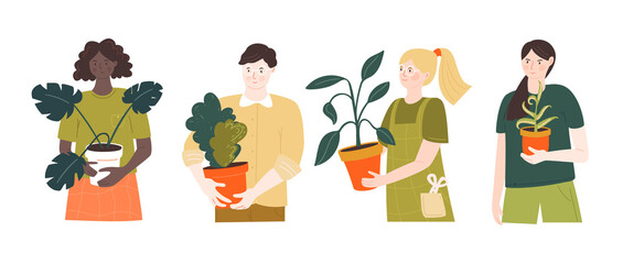 Home plants gardeners. Male and female characters holding pots. Vector illustration of people with green hobby. Girls and man isolated on white background.