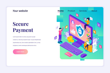Modern flat isometric design concept of Secure Payment, money transfer protection with characters for website and mobile website. Landing page template. vector illustration
