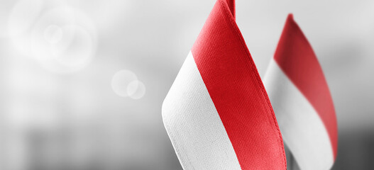 Small national flags of the Indonesia on a light blurry background