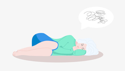 oung depressed female character lying on the floor in a child pose, , mental health problems.