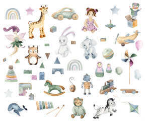 Watercolor handpainted cute baby toys elements for kids (Airplane, ball, doll, giraffe, hare, pyramid, rocking horse, robot, teddy bear, train, rainbow, wooden blocks) - 409435794