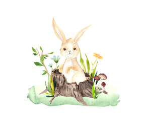 Watercolor woodland composition with cute  little Forest Animals for kids: hare, stump, forest flowers
