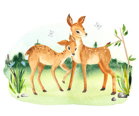 Obraz premium Watercolor woodland composition with cute little Forest Animals for kids: deers, flowers, grass