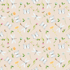 Watercolor woodland seamless pattern  with butterflies, dragonflies, flowers