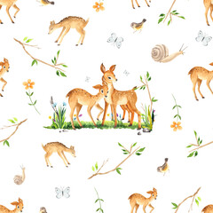 Fototapety  Watercolor woodland seamless pattern  with cute  little Forest Animals for kids. 