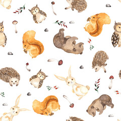 Watercolor woodland seamless pattern  with cute  little Forest Animals for kids. 