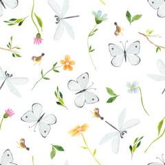 Watercolor woodland seamless pattern  with butterflies, dragonflies, flowers
