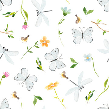 Watercolor woodland seamless pattern  with butterflies, dragonflies, flowers