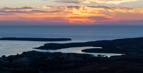 Sunset panoramic view of Sigri coast, at the westernmost part of Lesvos island, in northern Aegean Sea, Greece, Europe