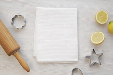 Fototapeta na wymiar White waffle kitchen towel mockup, flat lay with blank kitchen cloth and baking utensils. 