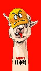 Funny poster. Llama in a cap with a angry smiley. Humor card, t-shirt composition, hand drawn style print. Vector illustration. © Afishka