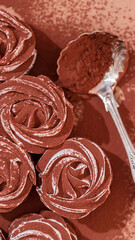 Delicate zephyr sprinkled with cocoa powder. Low-calorie marshmallows. Homemade dessert.